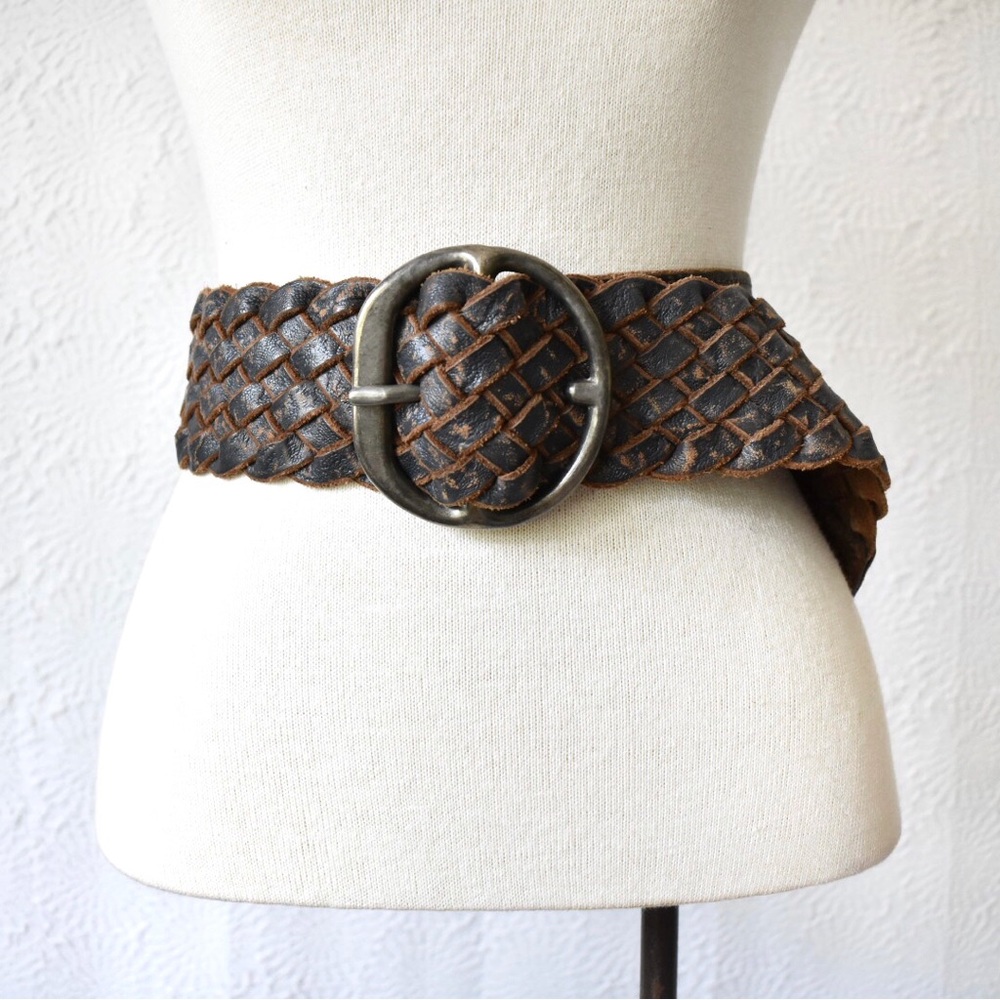 Arcangelo Blue Distressed Leather Braided Belt - Picture 3 of 12